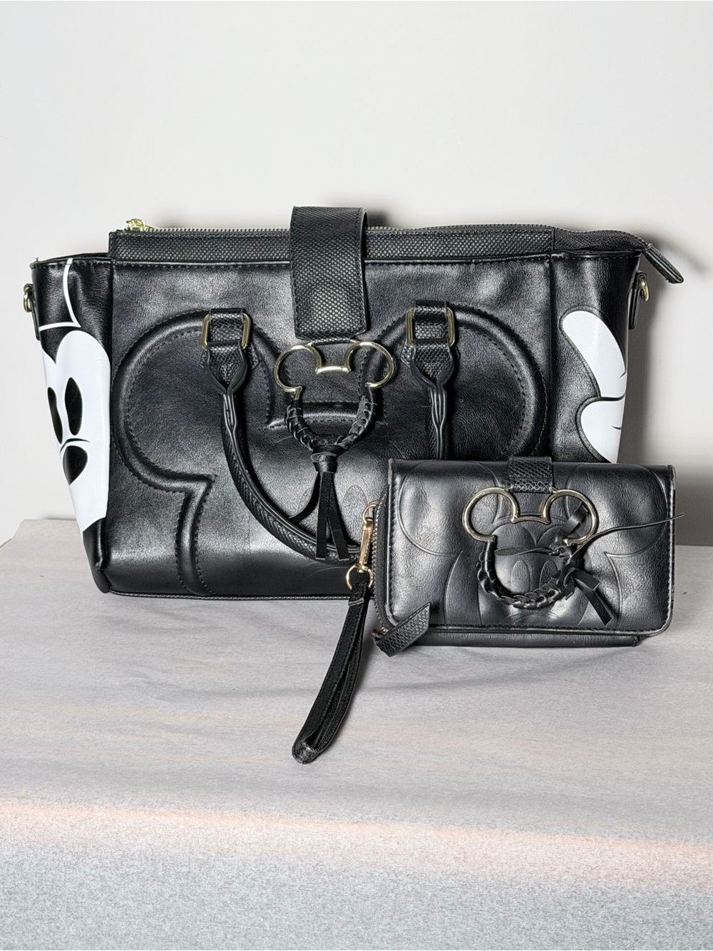 Disney Black Faux-Leather Mickey Tote and Wallet Set with White Accents